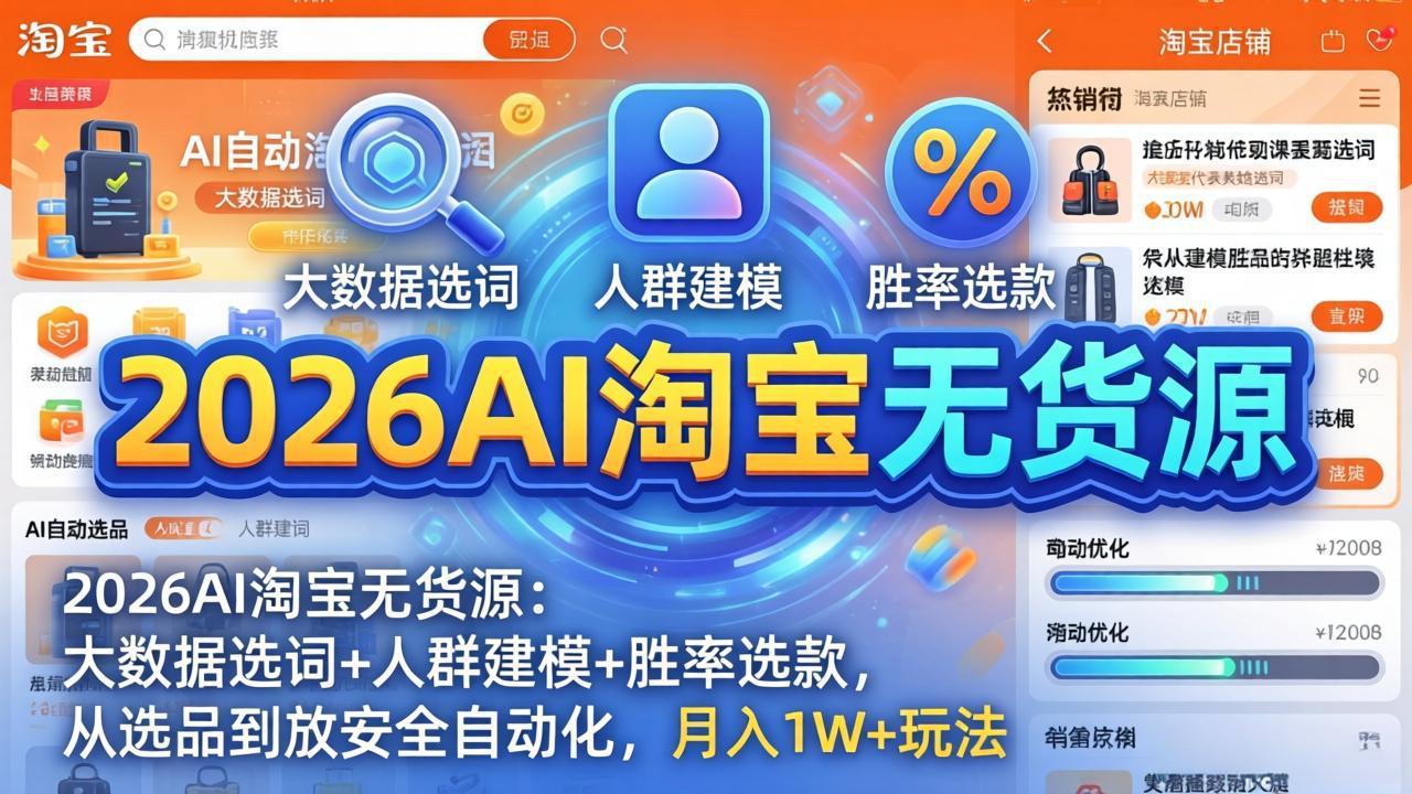 2026AI淘宝无货源:大数据选词 人群建模 胜率选款,从选品到放大全自动化,月入1W 玩法