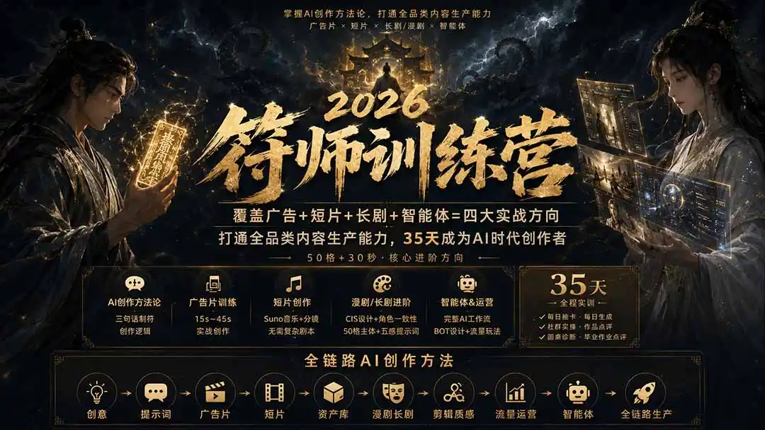 符师训练营-35天成为AI时代创作者，广告 短片 漫剧 智能体四大实战方向，掌握从创意到上线的完整工作流