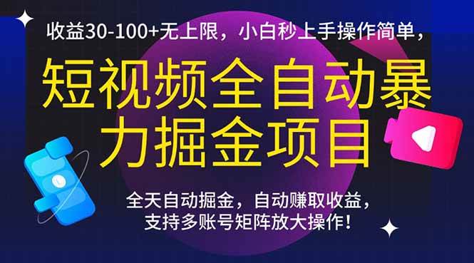 （15035期）短视频全自动暴力掘金项目，收益30-100 无上限，小白秒上手，操作简单，..-51云资源