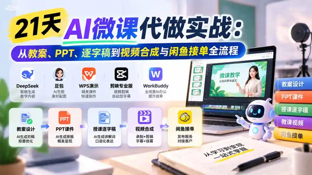 21天AI微课代做实战：从教案、PPT、逐字稿到视频合成与闲鱼接单全流程-51云资源