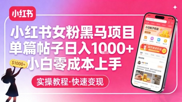 小红书女粉黑马项目,单篇帖子日入1k ,小白零成本上手