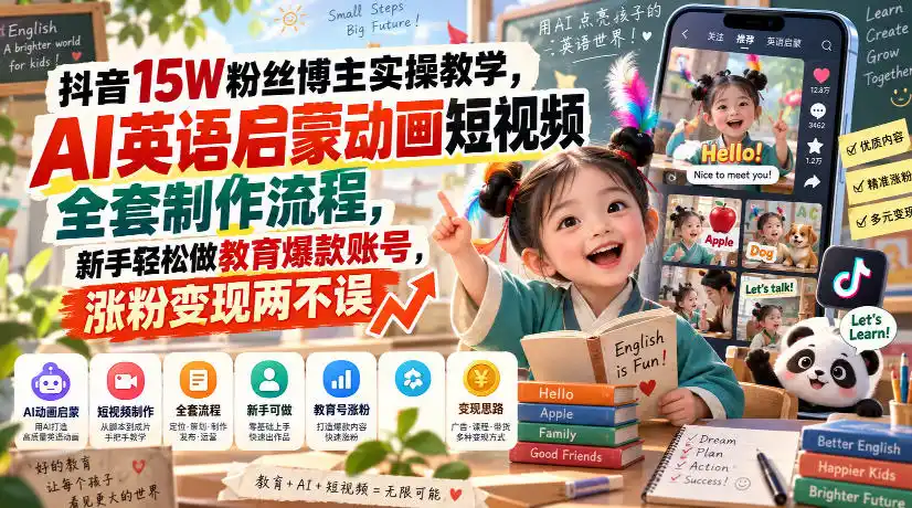 抖音15W粉丝博主实操教学，AI英语启蒙动画短视频全套制作流程，新手轻松做教育爆款账号，涨粉变现两不误-51云资源