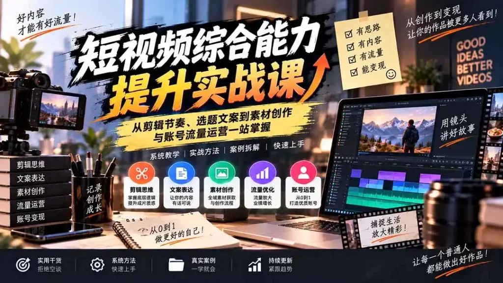 短视频综合能力提升实战课：从剪辑节奏、选题文案到素材创作与账号流量运营一站掌握-51云资源