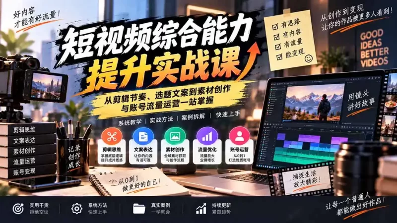 短视频综合能力提升实战课:从剪辑节奏、选题文案到素材创作与账号流量运营一站掌握-51云资源