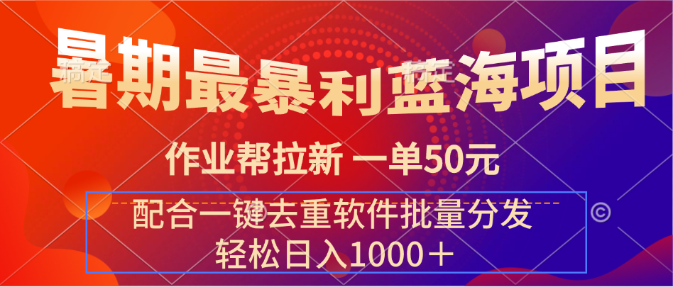 暑期最暴利蓝海项目，轻松上手，一单50元，轻松日入1000＋，配合一键去重软件批量分发-51云资源