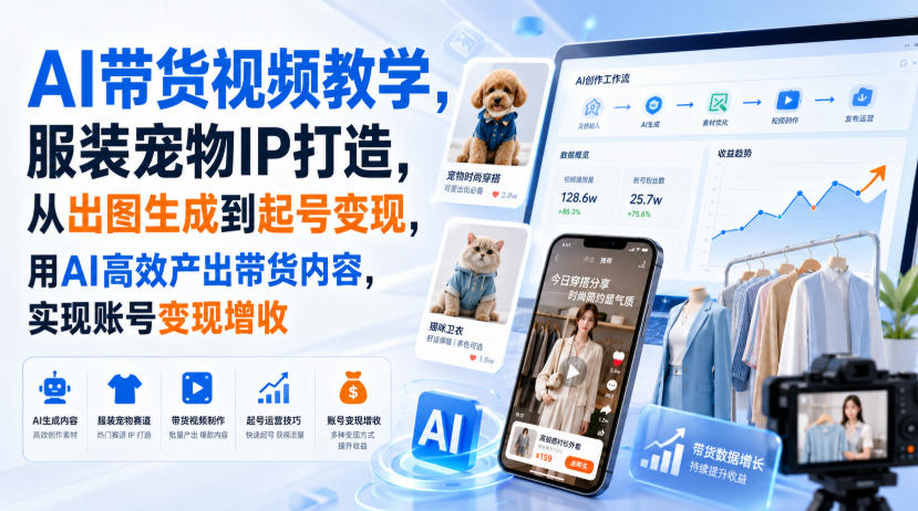 AI带货视频教学,服装宠物IP打造,从出图生成到起号变现,用AI高效产出带货内容,实现账号变现增收-51云资源