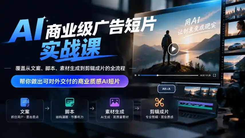 AI商业级广告短片实战课，覆盖从文案、脚本、素材生成到剪辑成片的全流程，帮你做出可对外交付的商业质感AI短片-51云资源