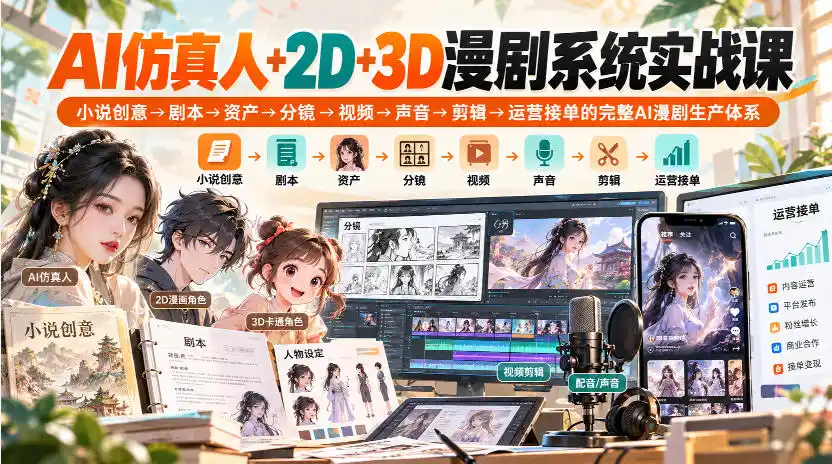 【无水印】AI仿真人 2D 3D漫剧系统实战课,小说创意→剧本→资产→分镜→视频→声音→剪辑→运营接单的完整AI漫剧生产体系-51云资源