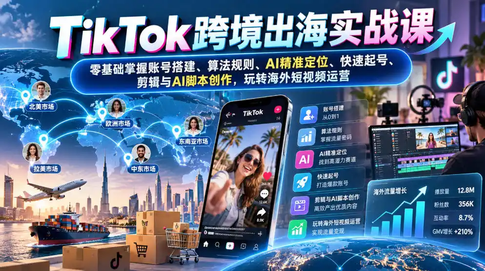 TikTok跨境出海实战课:零基础掌握账号搭建、算法规则、AI精准定位、快速起号、剪辑与AI脚本创作,玩转海外短视频运营-51云资源
