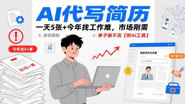AI代写简历，一天5张 今年找工作难，市场刚需，单子做不完【附AI工具】-51云资源