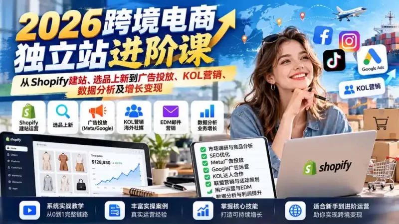 2026跨境电商独立站进阶课：从Shopify建站、选品上新到广告投放、KOL营销、数据分析及增长变现-51云资源