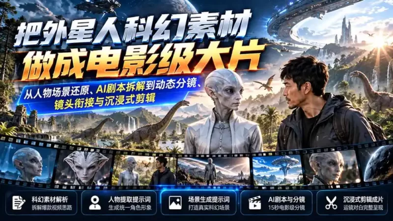把外星人科幻素材做成电影级大片:从人物场景还原、AI剧本拆解到动态分镜、镜头衔接与沉浸式剪辑-51云资源