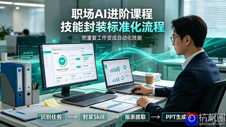 职场AI进阶课程；多类实用Skill工具实操，专属技能封装标准化流程，报表行业报告一键提取核心内容