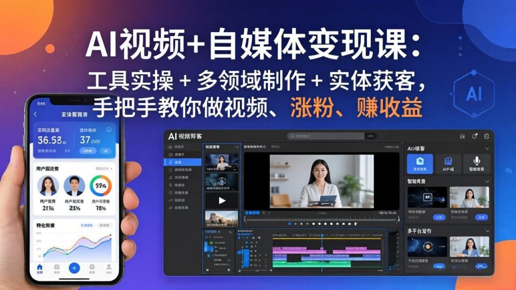 AI视频 自媒体变现课：工具实操   多领域制作   实体获客，手把手教你做视频、涨粉、赚收益-51云资源