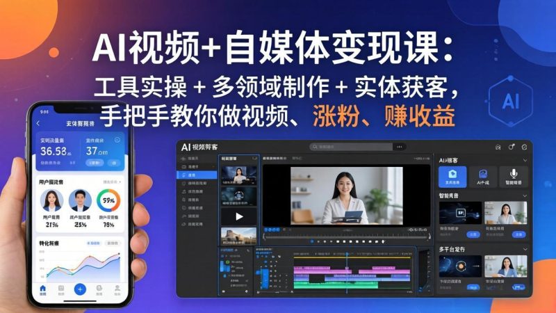 AI视频 自媒体变现课:工具实操 多领域制作 实体获客,手把手教你做视频、涨粉、赚收益-51云资源