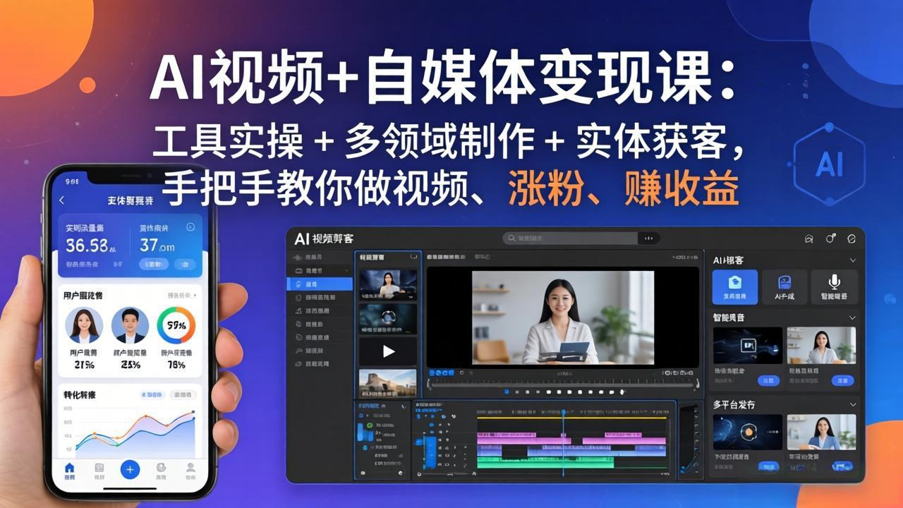 AI视频 自媒体变现课:工具实操 多领域制作 实体获客,手把手教你做视频、涨粉、赚收益