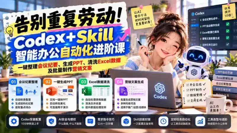 告别重复劳动!Codex Skill智能办公自动化进阶课:一键整理会议纪要、生成PPT、清洗Excel数据及批量制作营销文案-51云资源