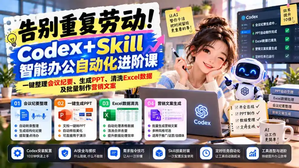 告别重复劳动!Codex Skill智能办公自动化进阶课:一键整理会议纪要、生成PPT、清洗Excel数据及批量制作营销文案