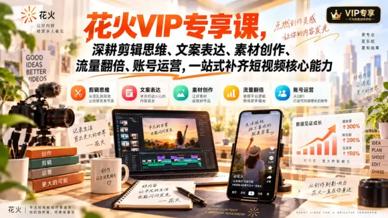 花火VIP专享课,深耕剪辑思维、文案表达、素材创作、流量翻倍、账号运营,一站式补齐短视频核心能力-51云资源