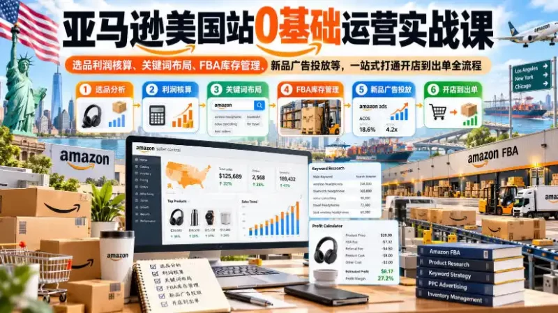 亚马逊美国站0基础运营实战课｜选品利润核算、关键词布局、FBA库存管理、新品广告投放等，一站式打通开店到出单全流程-51云资源