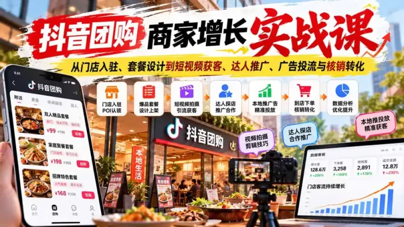 抖音团购商家增长实战课：从门店入驻、套餐设计到短视频获客、达人推广、广告投流与核销转化-51云资源