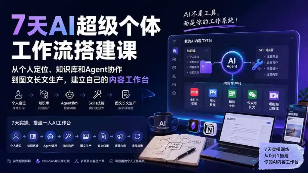 7天AI超级个体工作流搭建课：从个人定位、知识库和Agent协作到图文长文生产，建立自己的内容工作台-51云资源