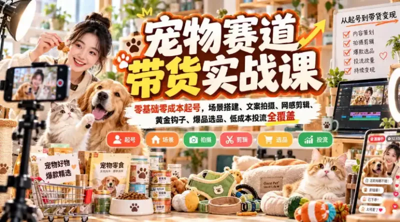 宠物赛道带货实战课,零基础零成本起号,场景搭建、文案拍摄、网感剪辑、黄金钩子、爆品选品、低成本投流全覆盖-51云资源