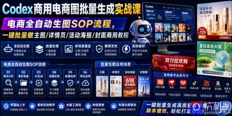 Codex商用电商图批量生成实战课|电商全自动生图SOP流程,一键批量做主图/详情页/活动海报/封面商用教程-51云资源