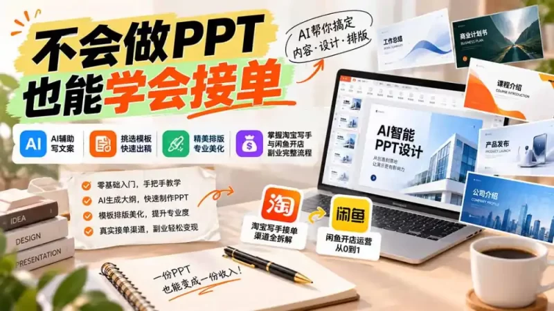 不会做PPT也能学会接单：AI辅助写文案、挑模板、做排版，掌握淘宝写手与闲鱼开店副业完整流程-51云资源