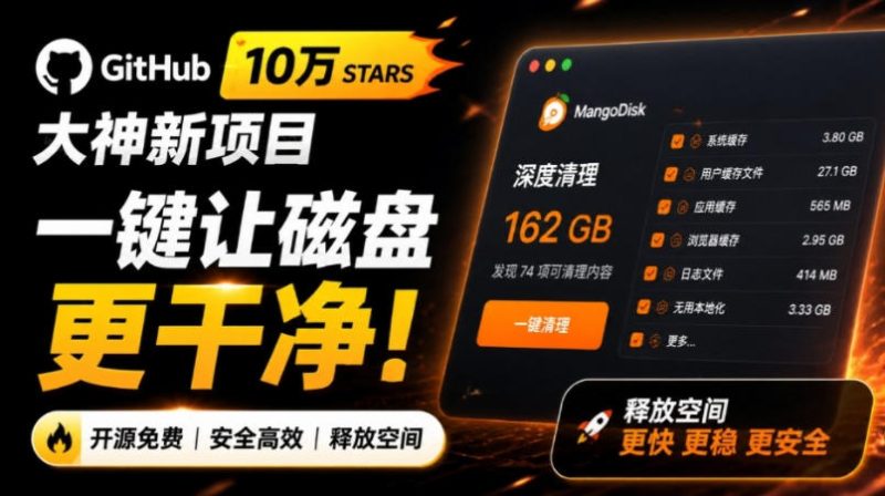 在Gtihub上做出10万stars的大神，又发布新项目了！一键让磁盘更干净，开源免费清理工具MangoDisk-51云资源