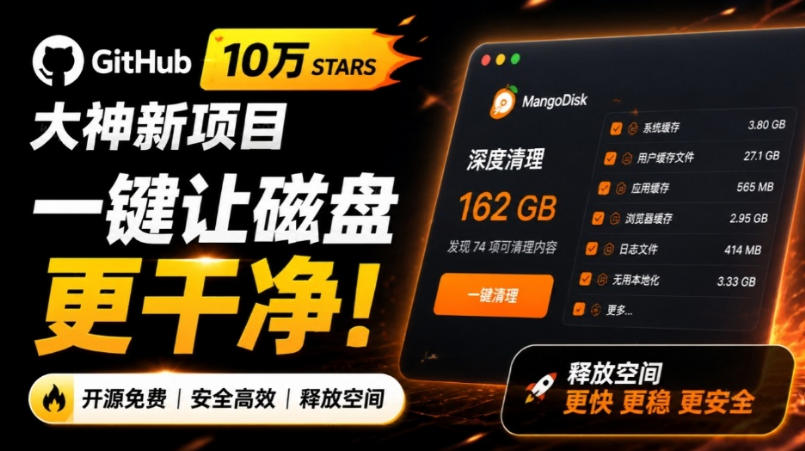 在Gtihub上做出10万stars的大神,又发布新项目了!一键让磁盘更干净,开源免费清理工具MangoDisk-51云资源