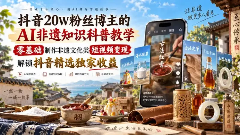 抖音20W粉丝博主的AI非遗知识科普教学,零基础制作非遗文化类短视频变现,解锁抖音精选独家收益-51云资源