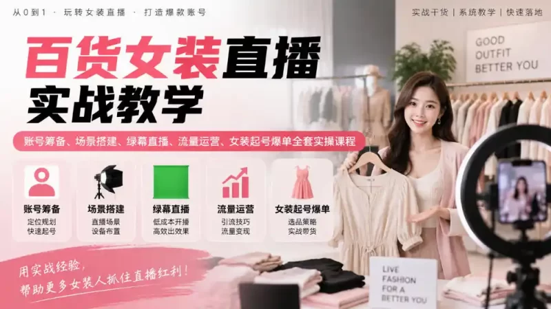 百货女装直播实战教学|账号筹备、场景搭建、绿幕直播、流量运营、女装起号爆单全套实操课程-51云资源