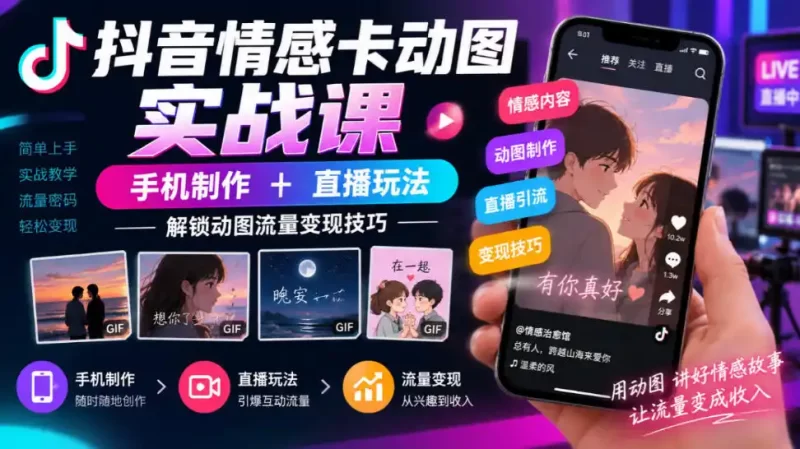 抖音情感卡动图实战课|手机制作 直播玩法,解锁动图流量变现技巧-51云资源