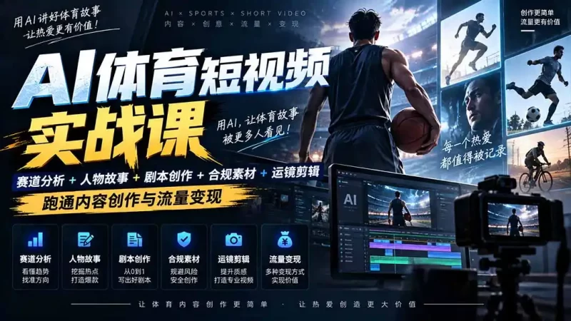 AI体育短视频赛道顶级玩法|赛道分析 人物故事 剧本创作 版权处理 运镜剪辑,跑通流量变现-日赚1K-51云资源