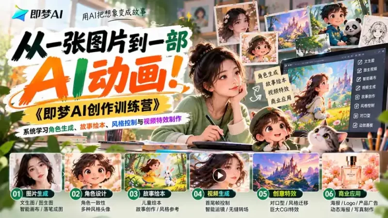 【无水印】从一张图片到一部AI动画!《即梦AI创作训练营》系统学习角色生成、故事绘本、风格控制与视频特效制作-51云资源
