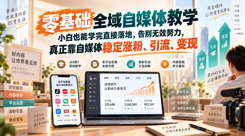 零基础全域自媒体教学，小白也能学完直接落地，告别无效努力，真正靠自媒体稳定涨粉、引流、变现-51云资源