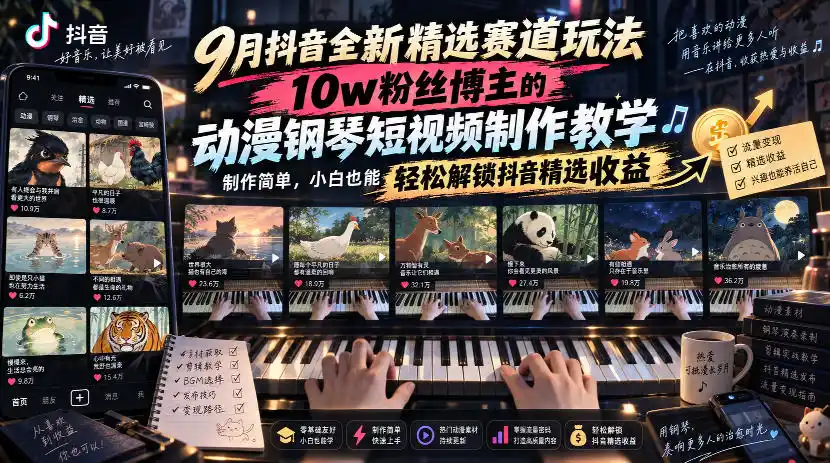 9月抖音全新精选赛道玩法，10w粉丝博主的动漫钢琴短视频制作教学，制作简单，小白也能轻松解锁抖音精选收益-51云资源