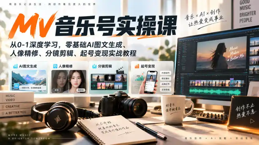 AI MV音乐号实操课，从0-1深度学习，零基础AI图文生成、人像精修、分镜剪辑、起号变现实战教程-51云资源