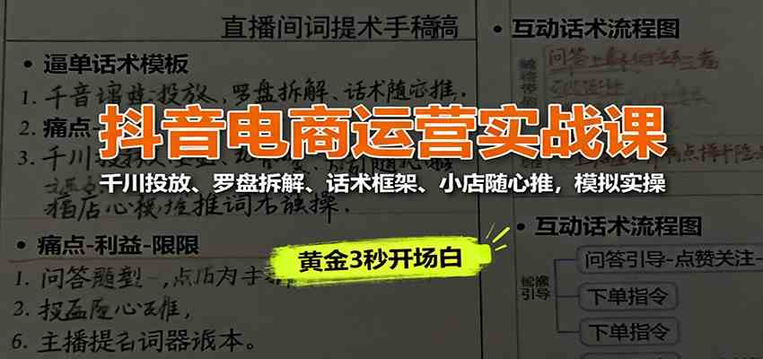 抖音电商运营实战课:千川投放、罗盘拆解、话术框架、小店随心推,模拟实操