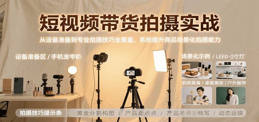 短视频带货拍摄实战,从设备准备到专业拍摄技巧全覆盖,系统提升商品场景化拍摄能力