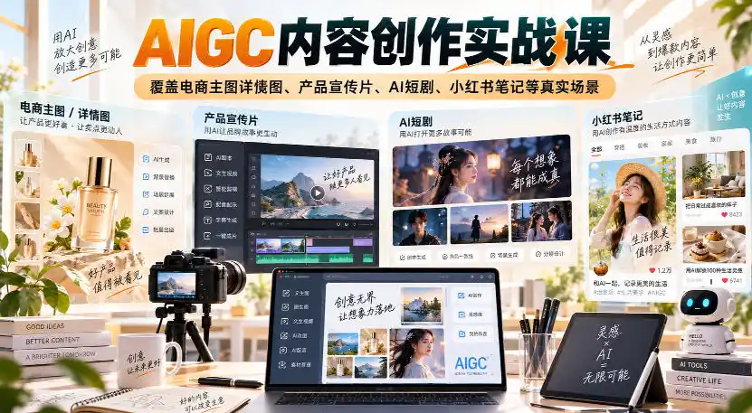 AIGC内容创作实战课，覆盖电商主图详情图、产品宣传片、AI短剧、小红书笔记等真实场景-51云资源