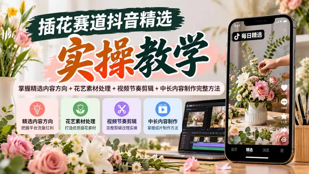 插花赛道抖音精选实操教学:掌握精选内容方向 花艺素材处理 视频节奏剪辑 中长内容制作完整方法-51云资源