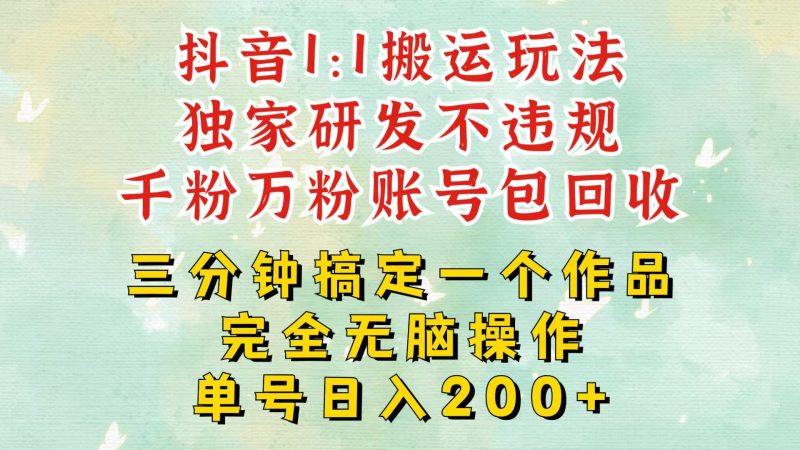 抖音1：1搬运独创顶级玩法！三分钟一条作品！单号每天稳定200 收益，千粉万粉包回收-51云资源