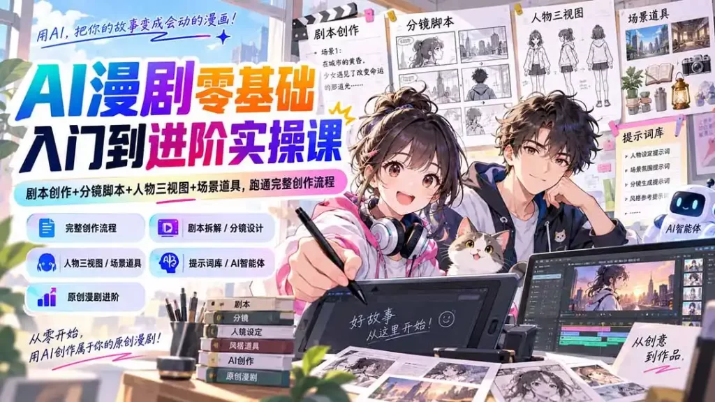 AI漫剧零基础入门到进阶实操课:剧本创作 分镜脚本 人物三视图 场景道具,跑通完整创作流程-51云资源