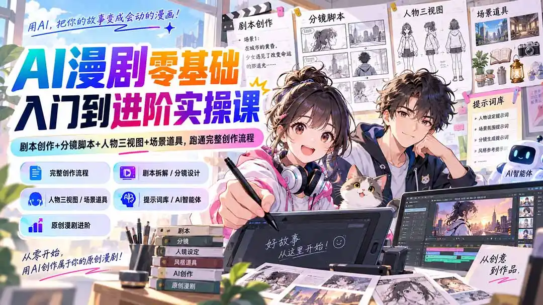 AI漫剧零基础入门到进阶实操课:剧本创作 分镜脚本 人物三视图 场景道具,跑通完整创作流程