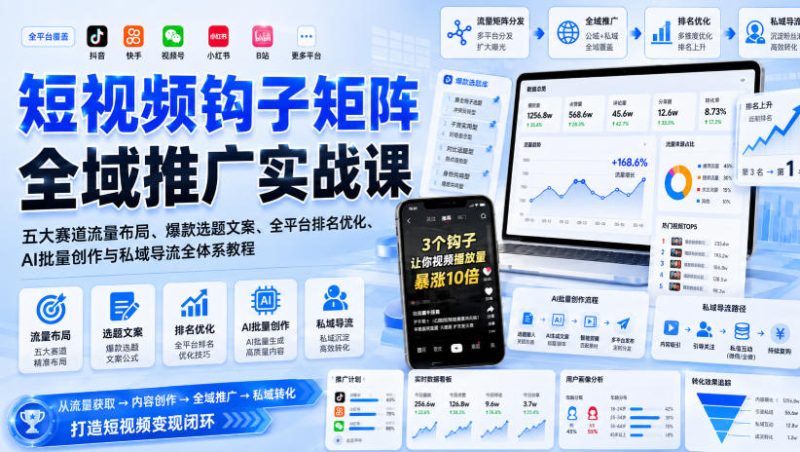 短视频钩子矩阵全域推广实战课|五大赛道流量布局、爆款选题文案、全平台排名优化、AI批量创作与私域导流全体系教程-51云资源