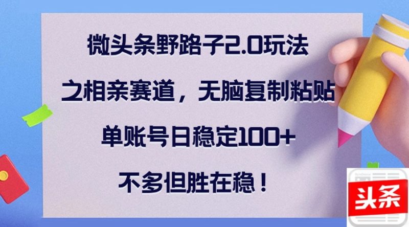 (12763期)微头条野路子2.0玩法之相亲赛道,无脑复制粘贴,单账号日稳定100 ,不…-51云资源