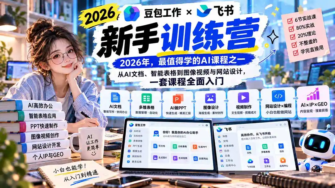 2026豆包工作 飞书新手训练营-9月新课:从AI文档、智能表格到图像视频与网站设计,一套课程全面入门