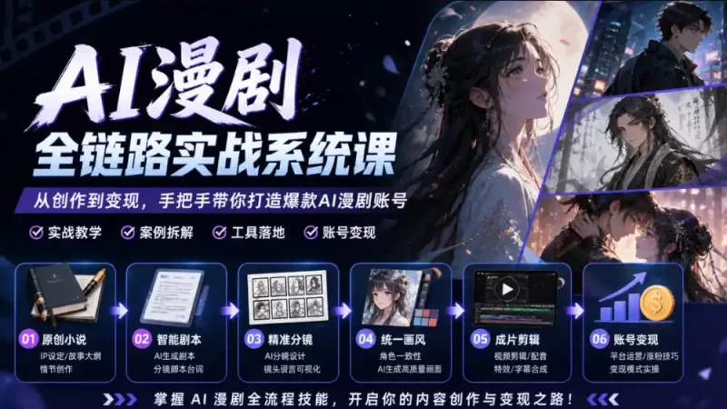 AI漫剧全链路实战系统课|原创小说、智能剧本、精准分镜、统一画风、成片剪辑、账号变现实操教学-51云资源